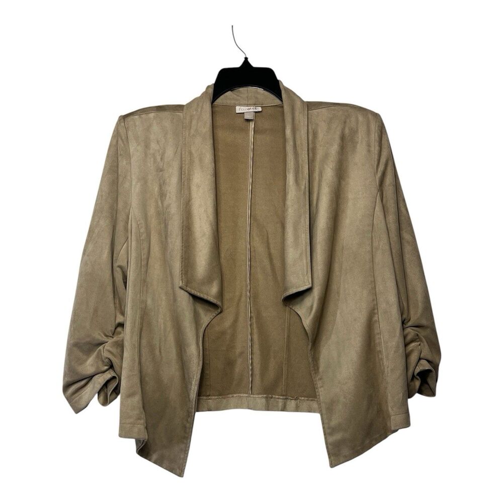 Roz & Ali Blazer Jacket Sz Large Tan Faux Suede Open Ruched Stretch Casual Work